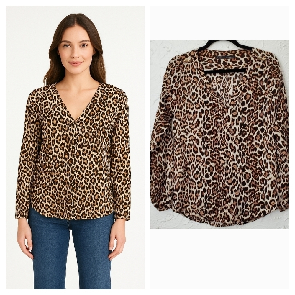 Zara Animal Print V neck Blouse with Gold details